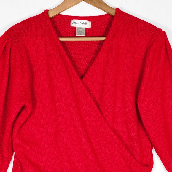 VTG 90s Dana Ashley Red Wrap Style Fuzzy Knit Sweater Womens M Puff Sleeve - Picture 3 of 7
